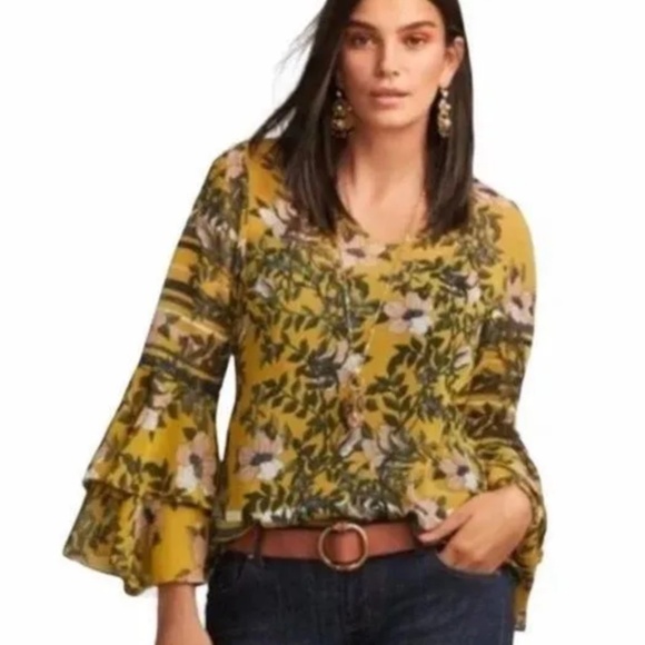 Cabi Spring Scene Yellow Floral Sheer Bell Sleeves Blouse Size Small - Picture 2 of 9